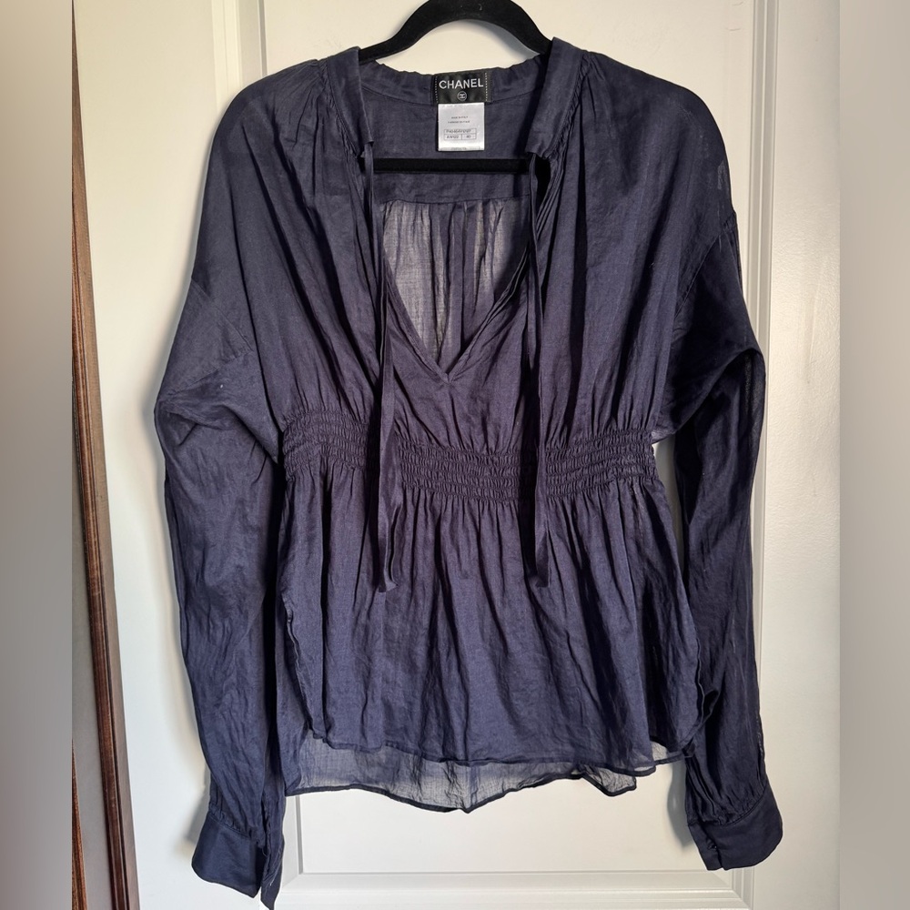 Chanel Navy Blue Cotton Waist 2 CC Logo Buttons Blouse Size 40 - Picture 8 of 10